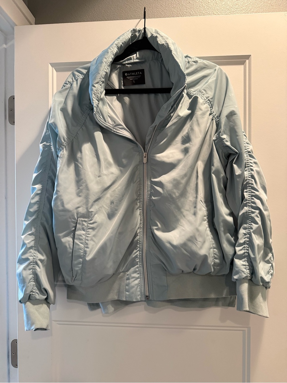 Athleta Light Blue Bomber Jacket with Ruched Sleeves